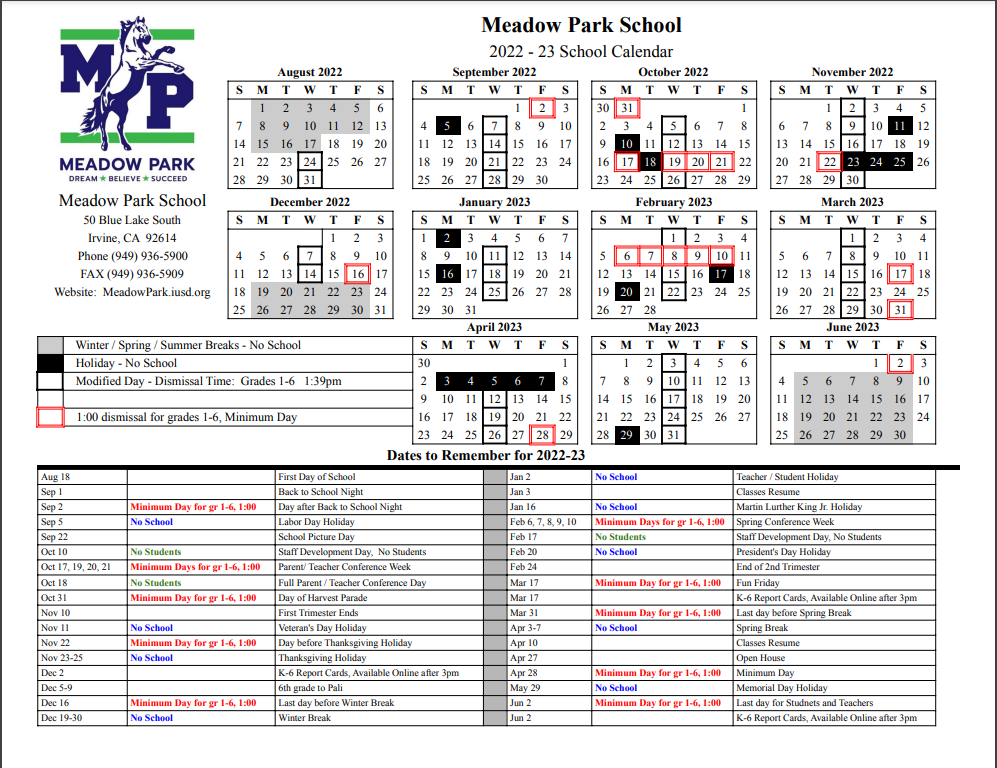 Calendar & Events Meadow Park Elementary